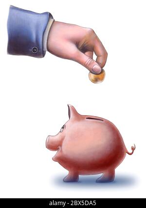 Businessman's hand dropping a coin into a pig bank Stock Photo