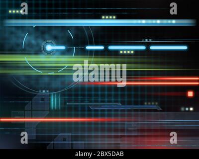 High technology composition with glowing shapes over a dark background. Digital illustration. Stock Photo