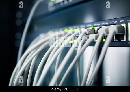 Network server room with servers, high performance computers running processes, IT concept Stock Photo