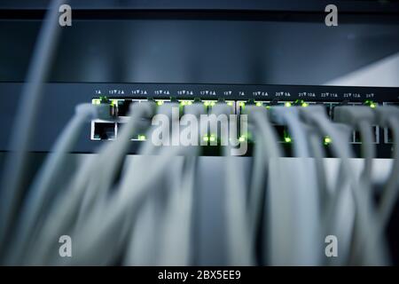 Network server room with servers, high performance computers running processes, IT concept Stock Photo