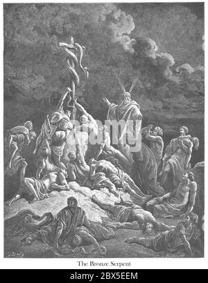 The Bronze [Brazen] Serpent Numbers 21:9 From the book 'Bible Gallery' Illustrated by Gustave Dore with Memoir of Dore and Descriptive Letter-press by Talbot W. Chambers D.D. Published by Cassell & Company Limited in London and simultaneously by Mame in Tours, France in 1866 Stock Photo