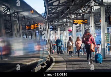 Train in Great Western Railway livery waiting at Swansea railway station, Wales, UK. Stock Photo