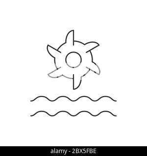 Hydro turbine symbol. Water flows over a hydroelectric turbine generating electric energy. Hydro power line icon. Black outline on white background. Stock Vector