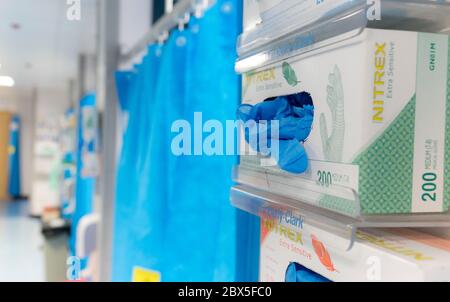 Boxes of nitrex gloves and cubicle curtains on a UK hospital ward. Stock Photo