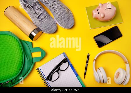 Work desk. Blogger female workplace. Planning summer vacation. Mockup Stock Photo
