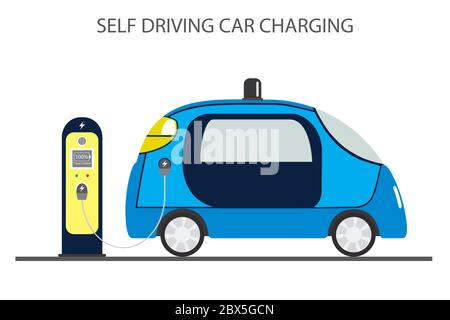 autonomous car,self driving auto and charging station,isolated on white background,flat vector illustration Stock Vector