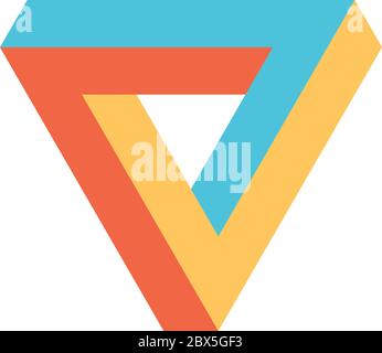 Penrose triangle icon in three colors. Geometric 3D object optical illusion. Vector illustration. Stock Vector