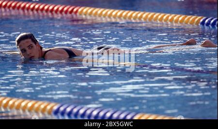 Olympic Games Barcelona 1992 Swimming  50m Backstroke Gold Medal Winner  Krisztina Egerszegi  (Hungary)  Photo by Tony Henshaw    No commercial use. Editorial only. Stock Photo