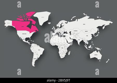 Canada pink highlighted in map of World. Light grey simplified map with dropped shadow on dark grey background. Vector illustration. Stock Vector