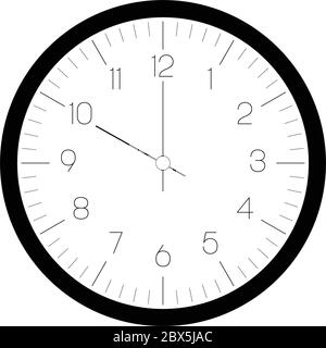 Clock face. Hour dial with numbers and hour and minute hand. Dashes mark minutes and hours. Thin outline design. Simple flat vector illustration. Stock Vector