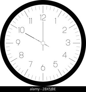 Clock face. Hour dial with numbers and hour and minute hand. Dashes mark minutes and hours. Thin outline design. Simple flat vector illustration. Stock Vector