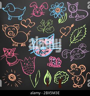 Cute children's drawing. Colored wax crayons on black background. Icons, signs, symbols, pins. Cats, hares, flowers trees pig Stock Vector