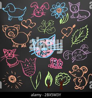 Cute children's drawing. Colored wax crayons on black background. Icons, signs, symbols, pins. Cats, hares, flowers trees pig Stock Vector