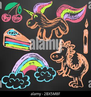 Cute children's drawing. Colored wax crayons on black background. Icons, signs, symbols, pins. Unicorn, dinosaur, rainbow cake cherry Stock Vector