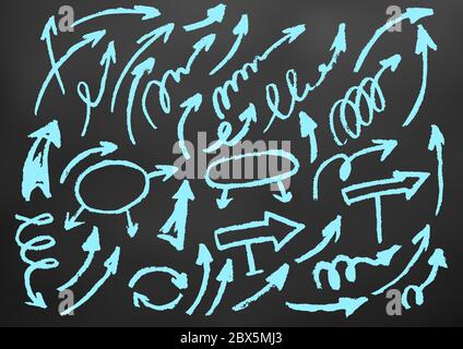 Cute children's drawing. Colored wax crayons on black background. Icons, signs, symbols, pins. Blue arrows Stock Vector