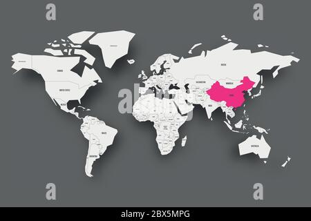 China pink highlighted in map of World. Light grey simplified map with dropped shadow on dark grey background. Vector illustration. Stock Vector