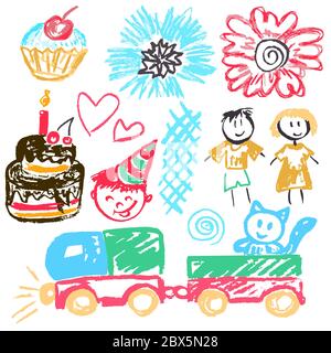 Cute children's drawing. Colored wax crayons. Icons, signs, symbols, pins. Kids Cake Flowers Train Cupcake Stock Vector
