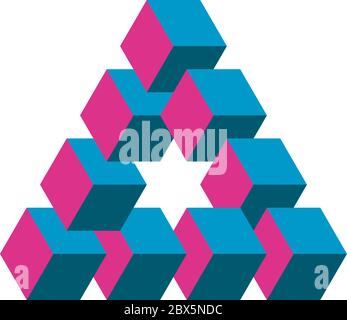 Impossible triangle in three different colors. Cubes arranged as geometric optical illusion. Reutersvard traingle. Vectori illustration. Stock Vector