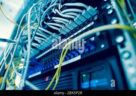 Network server room with servers, high performance computers running processes, IT concept Stock Photo