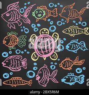 Cute children's drawing. Colored wax crayons on black background. Icons, signs, symbols, pins. Underwater world. Fish turtle Stock Vector