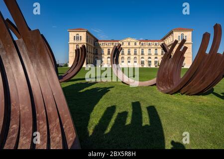 Marseille, Bouches-du-Rhone, France: Pharo Palace and the Emile Duclaux Park with the monumental sculpture 84 Arcs Desordre (artist Bernar Venet)