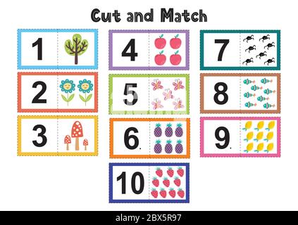 Numbers flash cards for kids. Cut and match pictures Stock Vector