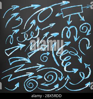 Cute children's drawing. Colored wax crayons on black background. Icons, signs, symbols. Elements for design. Arrows, Doodle, Curls Stock Vector