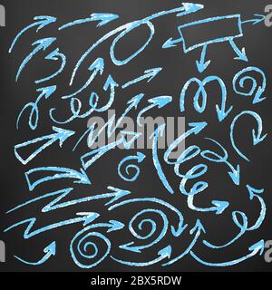 Cute children's drawing. Colored wax crayons on black background. Icons, signs, symbols. Elements for design. Arrows, Doodle, Curls Stock Vector