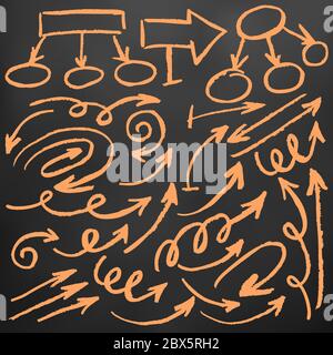 Cute children's drawing. Colored wax crayons on black background. Icons. Elements for design. Arrows, Doodle, Curls Stock Vector