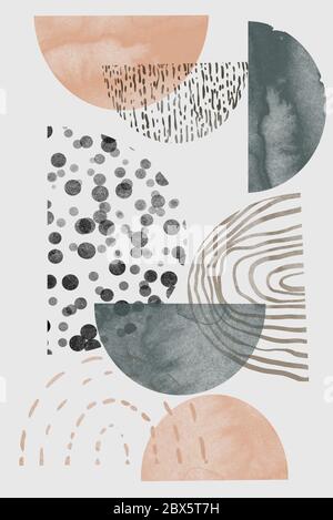 Hand painted abstract watercolor collage composition. Hand painted modern decorative textured spots in pastel pink and gray colors. Stock Photo