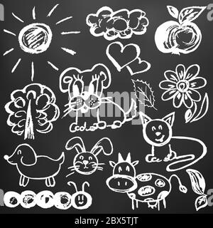 Cute children's drawing. White chalk on a black board. Icons, signs, symbols, pins. Animals, flowers clouds apple Stock Vector