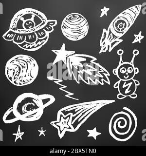 Cute children's drawing. White chalk on a black board. Icons, signs, symbols, pins. Space elements. Planet, star comet Stock Vector