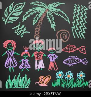 Cute children's drawing. Colored wax crayons on black background. Icons, signs, symbols, pins. Family holiday. Palma, family fish flowers Stock Vector