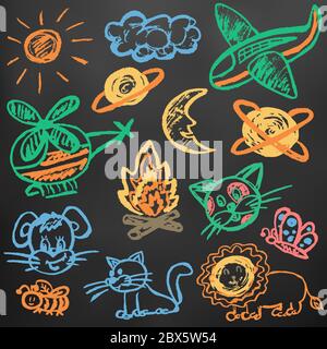 Cute children's drawing. Colored wax crayons on black background. Icons, signs, symbols, pins. Safari travel. Plane, helicopter bonfire lion Stock Vector