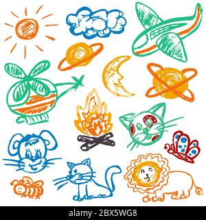 Cute children's drawing. Colored wax crayons. Icons, signs, symbols, pins. Safari travel. Plane, helicopter bonfire lion planets moon Stock Vector