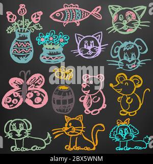 Cute children's drawing. Colored wax crayons on black background. Icons, signs, symbols, pins. Animals and flowers Stock Vector