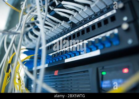 Network server room with servers, high performance computers running processes, IT concept Stock Photo