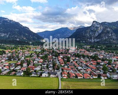 Aerial view over the city of Oberammergau in Bavaria Germany Stock Photo