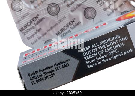 Keep all medicines out of the sight and reach of children message on side of box of Nurofen Tablets Stock Photo