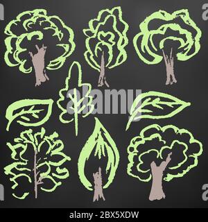 Cute children's drawing. Colored wax crayons on black background. Icons, signs, symbols. Elements for design. Green trees, leaves Stock Vector
