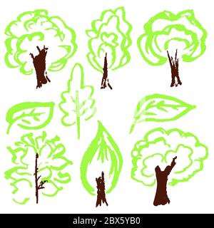 Cute children's drawing. Colored wax crayons. Icons, signs, symbols. Elements for design. Green trees leaves Stock Vector