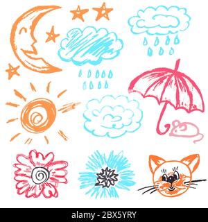 Cute children's drawing. Colored wax crayons. Icons, signs, symbols, pins. Clouds, rain, moon stars umbrella mouse cat flowers Stock Vector