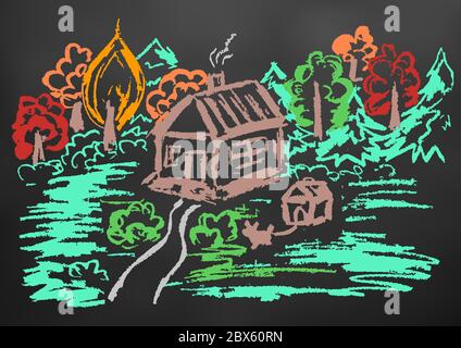 Cute children's drawing. Colored wax crayons on black background. Autumn landscape. House in the woods Stock Vector