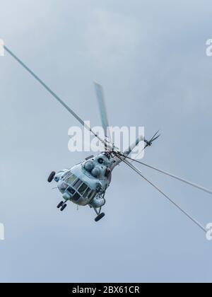 Mi-8 MTV1 helicopter of Croatia Air Force HRZ in Grobnik Croatia airport during training exercise flights in behalf interest of firemen approaching Stock Photo