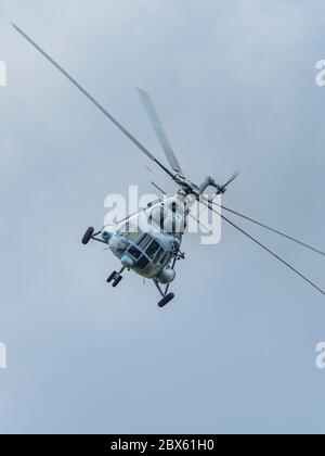 Mi-8 MTV1 helicopter of Croatia Air Force HRZ in Grobnik Croatia airport during training exercise flights in behalf interest of firemen approaching Stock Photo