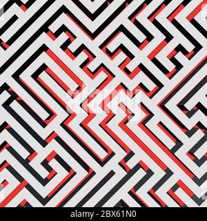 Aerial view of 3D maze labyrinth with red ground. Vector illustration. Stock Vector