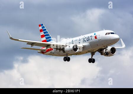 Miami, Florida April 7, 2019: American Airlines Airbus A319 airplane at Miami airport MIA in Florida. Airbus is a European aircraft manufacturer based Stock Photo