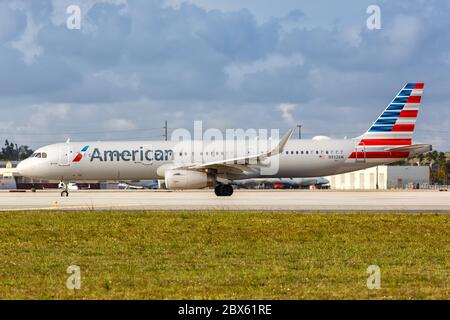 Miami, Florida April 6, 2019: American Airlines Airbus A321 airplane at Miami airport MIA in Florida. Airbus is a European aircraft manufacturer based Stock Photo