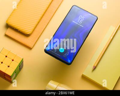In-display fingerprint sensor of new phone stock image. Stock Photo