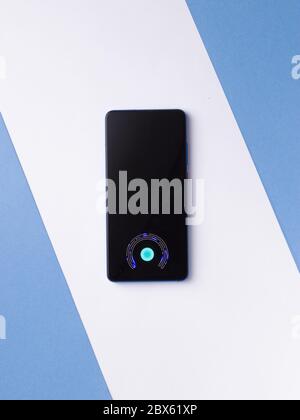 In-display fingerprint sensor of new phone stock image. Stock Photo